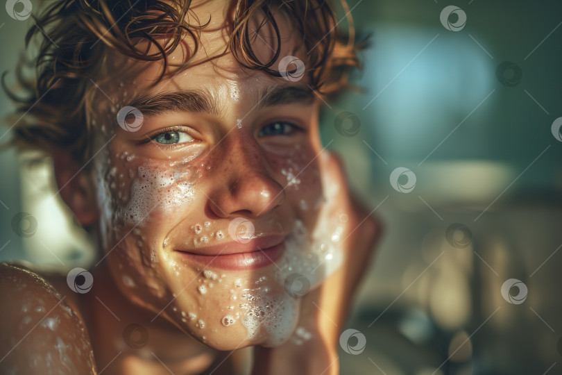 Скачать Уход за кожей, ежедневная гигиена мужчин. Портрет красивого мокрого парня, который моет лицо пеной в ванной и смотрит в камеру фотосток Ozero