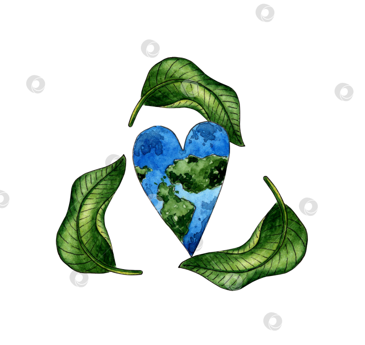 Скачать Знак переработки мусора и планета Земля акварелью в форме сердца фотосток Ozero