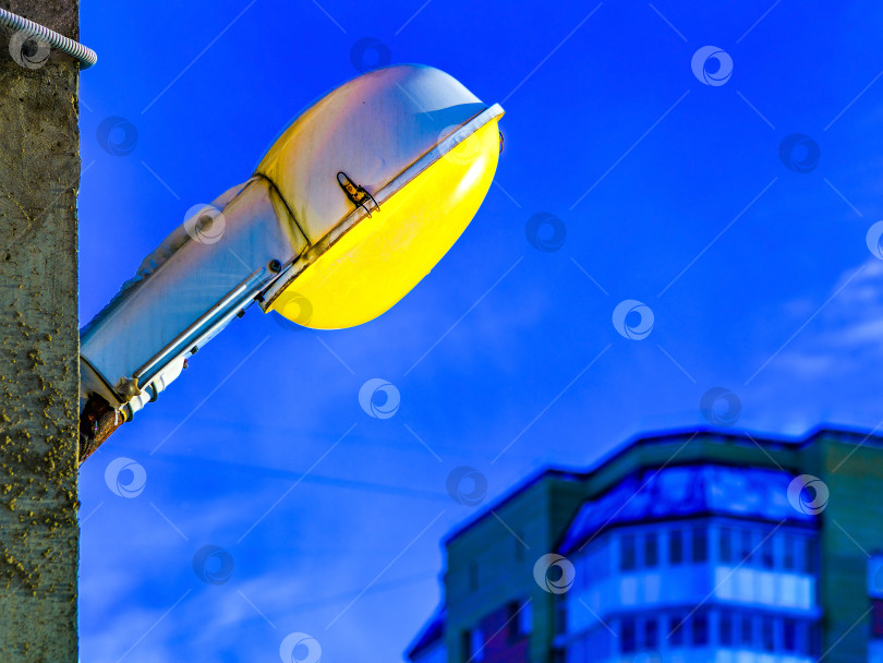 Скачать Уличный фонарь на фоне вечерних голубых сумерек.Городские электроэнергетические технологии. фотосток Ozero