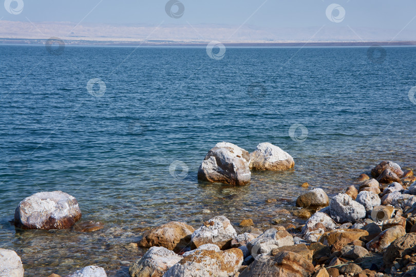 Скачать Мертвое море со стороны Иордании. Кристаллы соли на огромных валунах вдоль береговой линии. Крупный план.  На заднем плане горный хребет в Израиле. Размытый фон. Выборочный фокус. фотосток Ozero