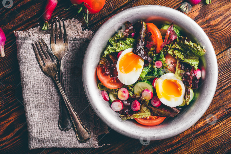 Скачать Свежий весенний салат с домашними овощами и вареными яйцами фотосток Ozero