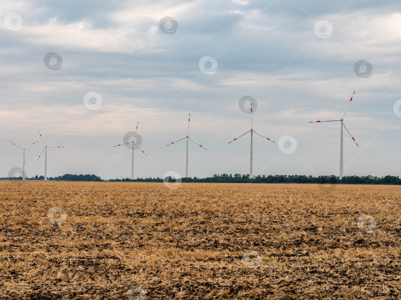 Скачать Ряд ветряных мельниц (ветряных турбин с вращающимися лопастями) на фоне осеннего поля. Адыгейская ветроэлектростанция из множества башен ветряных турбин. Ветроэнергетический комплекс Росатома. фотосток Ozero