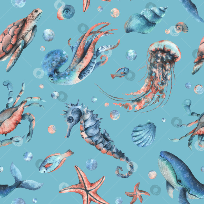 Скачать Клипарт подводного мира с морскими животными китом, черепахой, осьминогом, морским коньком, морской звездой, ракушками, кораллами и водорослями. Рисованная акварельная иллюстрация. Бесшовный узор на синем фоне. фотосток Ozero