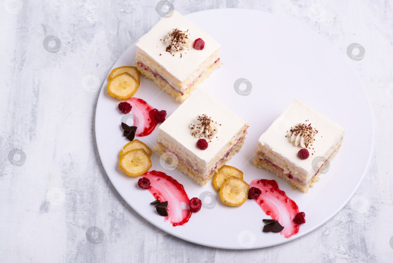 Скачать Подача вкусных кусочков фруктово-ванильного торта на белой тарелке фотосток Ozero
