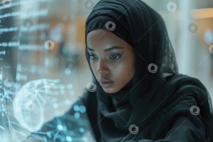 Скачать молодая женщина в хиджабе работает с футуристическим прозрачным интерфейсом фотосток Ozero