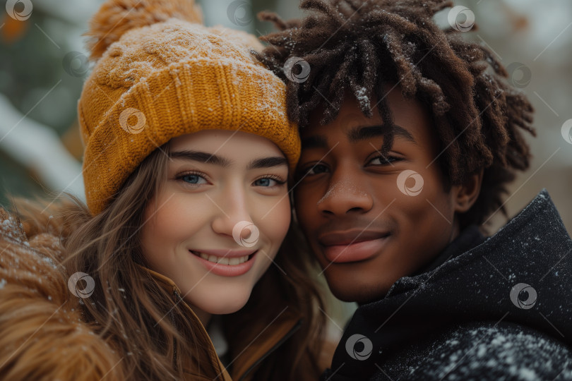 Скачать портрет молодой пары под снегопадом фотосток Ozero