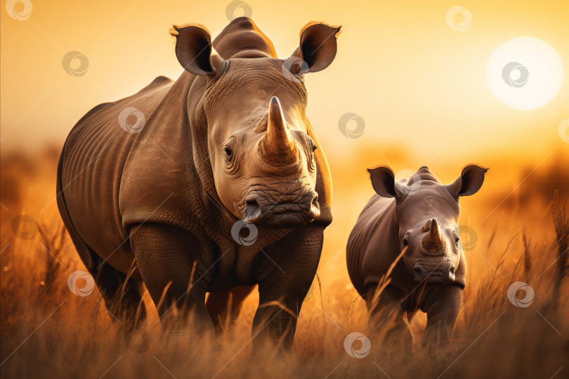 Скачать Величественные носороги свободно разгуливают по бескрайней африканской саванне в золотой час фотосток Ozero