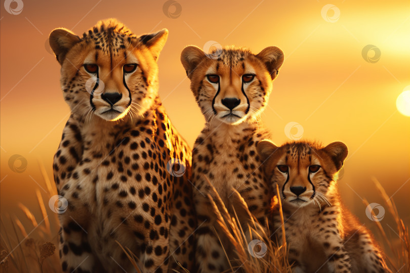 Скачать Величественная семья африканских гепардов бродит по саванне на ярком закате фотосток Ozero