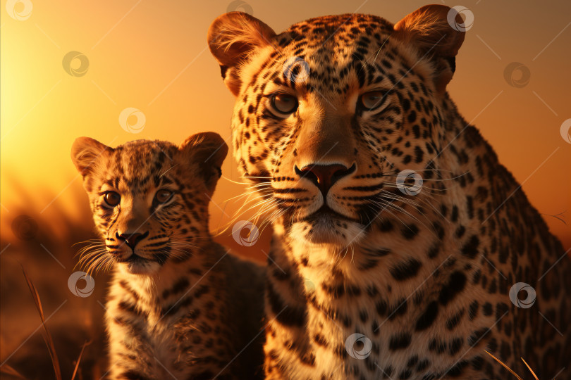 Скачать Дикая природа африканской саванны. великолепное семейство леопардов вырисовывается силуэтом на фоне теплого закатного неба фотосток Ozero