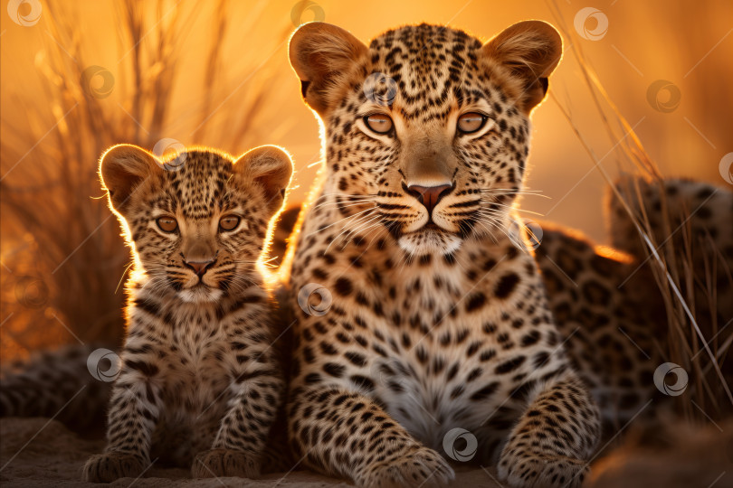 Скачать Семейство африканских леопардов в золотистом сиянии заката в саванне Серенгети фотосток Ozero