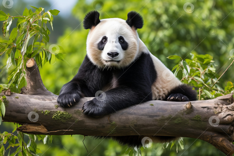 Скачать Очаровательная панда отдыхает на ветке эвкалипта в красивом и пышном бамбуковом лесу фотосток Ozero