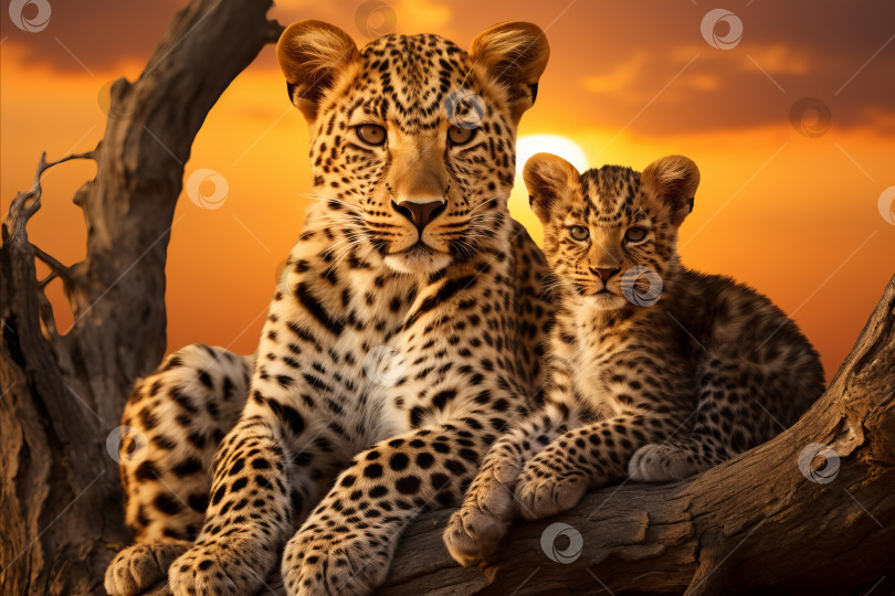 Скачать Прекрасная семья леопардов отдыхает в теплом сиянии африканской саванны на закате фотосток Ozero