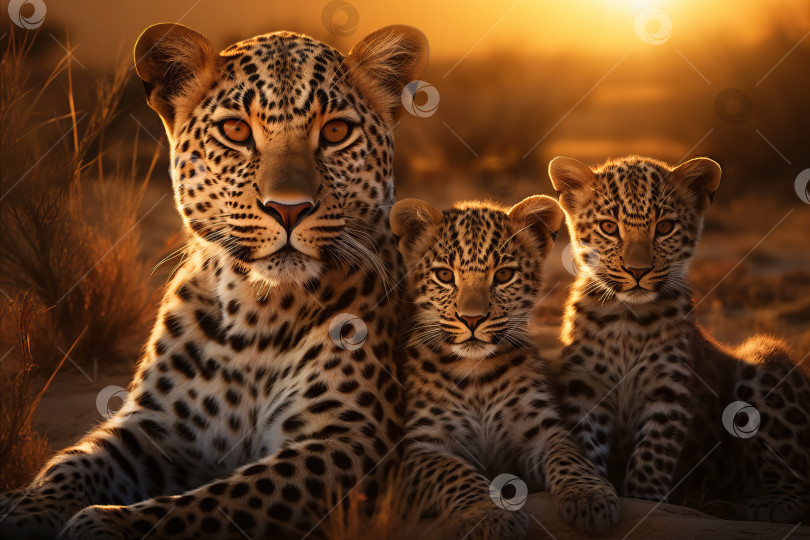 Скачать Величественное семейство леопардов нежится в безмятежном тепле заката в африканской саванне фотосток Ozero