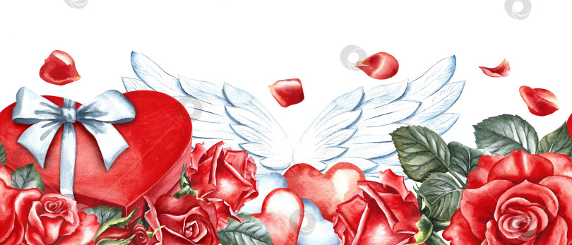 Скачать Баннер ко Дню Святого Валентина. Подарочная коробка в форме красного сердца с белым бантом, стрелой и крыльями купидона, розы. Нарисованная от руки акварельная иллюстрация. Ко Дню Святого Валентина, свадьба. фотосток Ozero