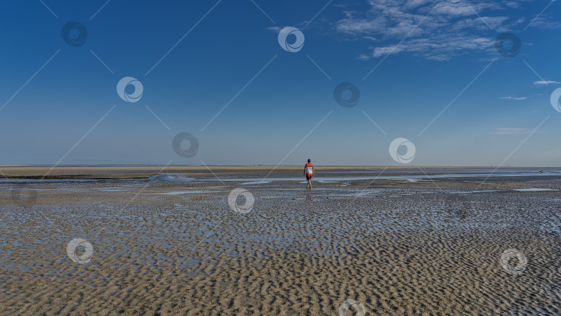 Скачать Одинокий человек идет по морскому дну, обнаженному во время отлива. фотосток Ozero