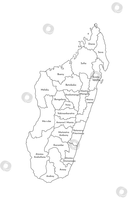 Скачать Векторная изолированная иллюстрация упрощенной административной карты Мадагаскара. Границы и названия регионов. Силуэты черными линиями. фотосток Ozero