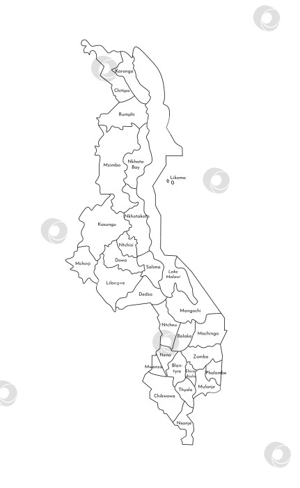 Скачать Векторная изолированная иллюстрация упрощенной административной карты Малави. Границы и названия округов, областей. Силуэты черными линиями. фотосток Ozero