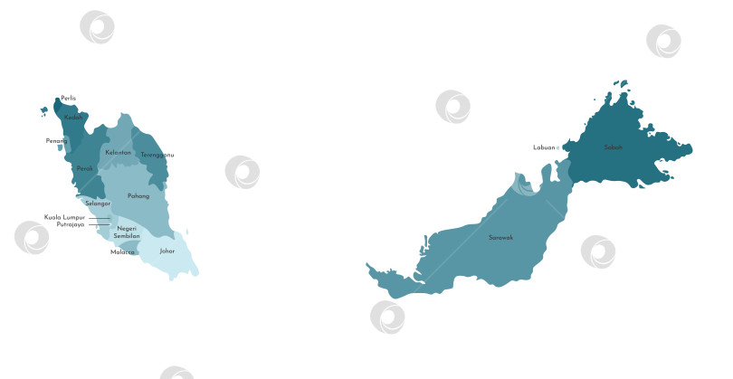 Скачать Векторная изолированная иллюстрация упрощенной административной карты Малайзии. Границы и названия регионов. Красочные силуэты синего цвета хаки фотосток Ozero