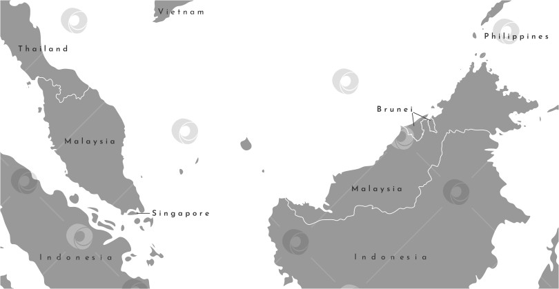 Скачать Векторная изолированная иллюстрация. Серая упрощенная карта Малайзии в центре, соседние страны расположены близко. Белый фон. фотосток Ozero