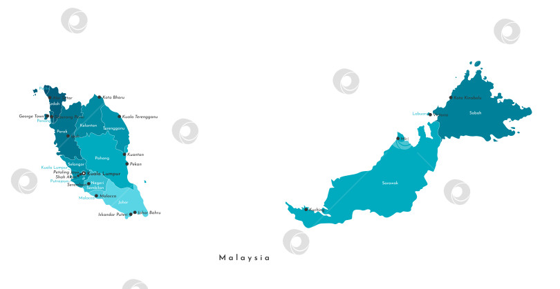 Скачать Векторная изолированная иллюстрация. Синяя упрощенная административная карта Малайзии. Синие очертания регионов. Названия крупных городов и штатов Малайзии. Белый фон фотосток Ozero