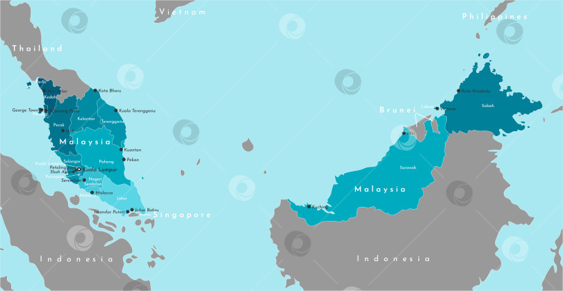 Скачать Векторная современная иллюстрация. Синяя упрощенная административная карта Малайзии. Соседние страны в сером цвете. Синий фон морей. Названия крупных городов и штатов Малайзии. фотосток Ozero