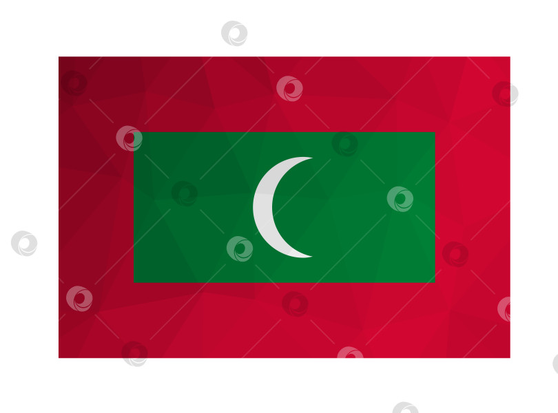 Скачать Векторная изолированная иллюстрация. Национальный флаг Мальдив на зеленом и красном фонах, белый полумесяц. Официальный символ Мальдив. Креативный дизайн в низкополигональном стиле с треугольными формами фотосток Ozero
