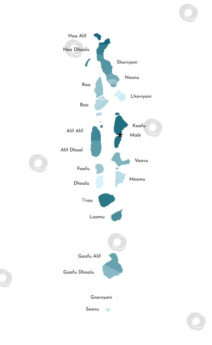 Скачать Векторная изолированная иллюстрация упрощенной административной карты Мальдив с названиями атоллов. Красочные силуэты синего цвета хаки. фотосток Ozero