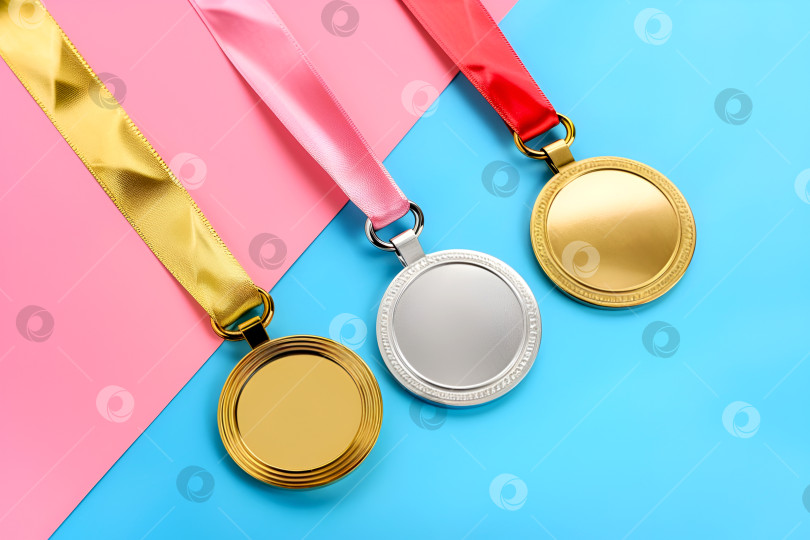 Скачать Олимпийские медали на ярком розовом и голубом фоне. Золотые, серебряные, бронзовые медали на двухцветном фоне. Красочное празднование олимпийских достижений с помощью медалей фотосток Ozero