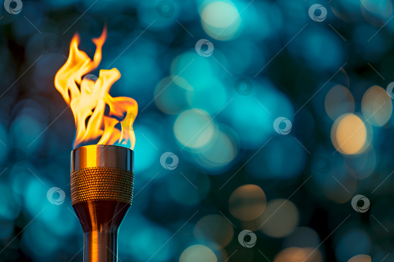 Скачать Олимпийский факел с синим боке, символ спортивного единства. Баннер Олимпийских игр с горящим факелом на размытом фоне боке и копировальным пространством. Яркое пламя подсвеченного факела, глобальная гармония фотосток Ozero