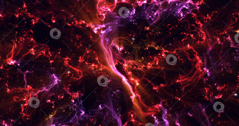 Скачать Абстрактный вид из плазменного огненного ада. красные обои, вселенная наполнена туманностями и галактиками. Панорамный снимок, широкоформатный. абстрактный фон неба. время копирования фотосток Ozero