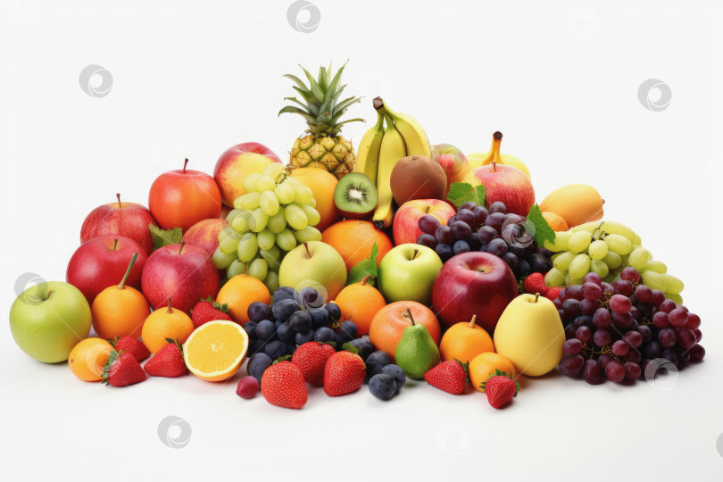 Скачать Набор из различных спелых экзотических фруктов на белом фоне. Ассортимент сезонных ягод и фруктов фотосток Ozero