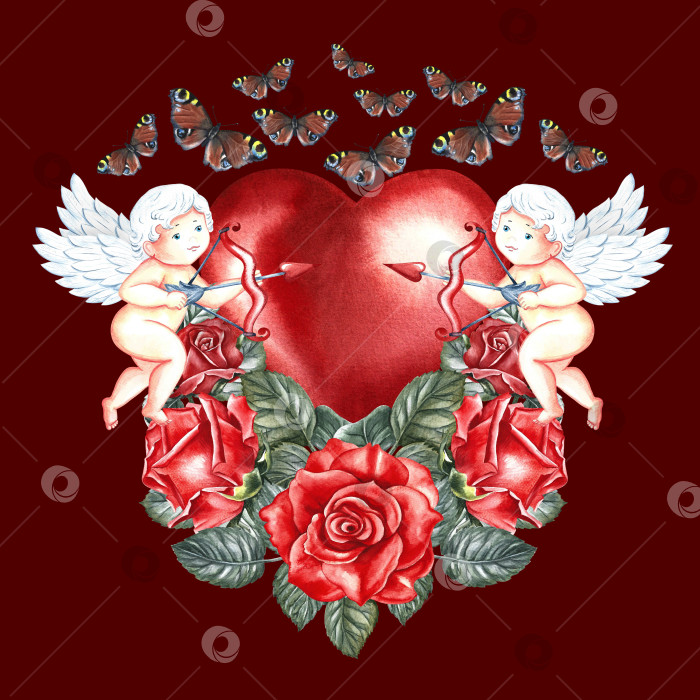 Скачать Милые маленькие купидоны с бантом на красном сердечке с розами и бабочками. Рисованная акварельная иллюстрация. На темно-красном фоне. Для влюбленных, дня Святого Валентина и свадьбы. Для поздравительной открытки, распечатайте фотосток Ozero