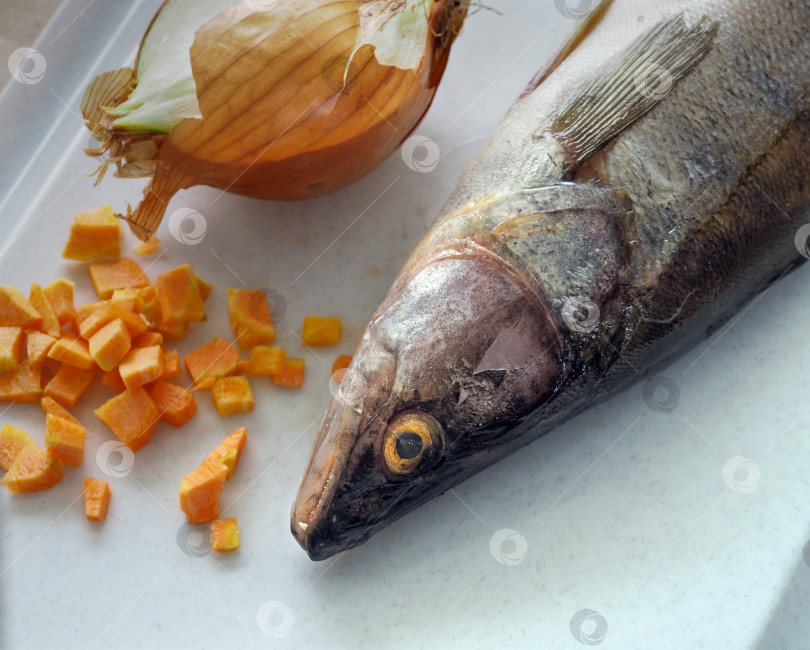 Скачать Готовим сырую рыбу. Рыба целиком лежит на доске. Рядом лежат овощи: лук и нарезанная морковь. Ингредиенты для приготовления. фотосток Ozero