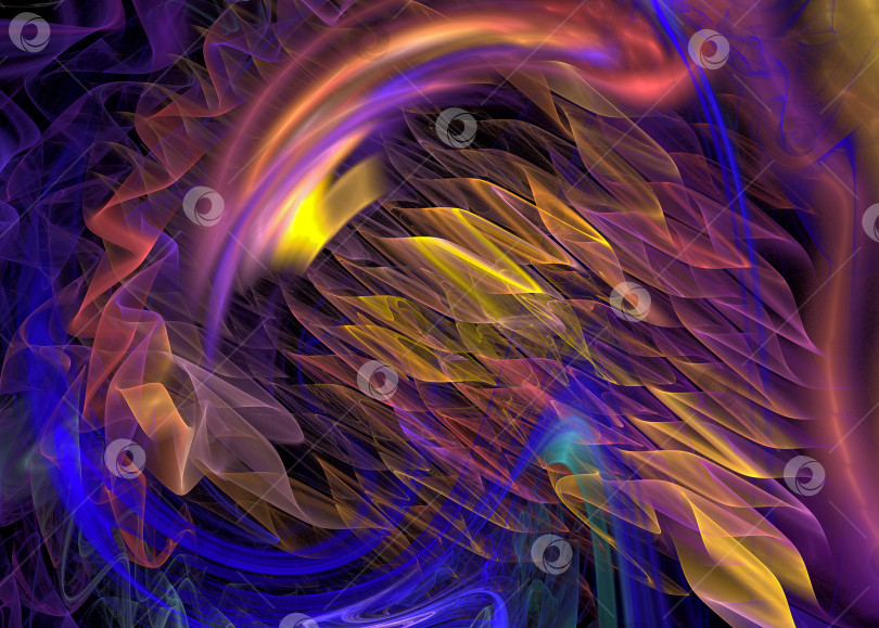 Скачать Синие, фиолетовые, желтые выделенные ленты расположены зигзагообразно на темном фоне. 3d-рендеринг. 3d-иллюстрация. Абстрактный фрактальный фон. фотосток Ozero