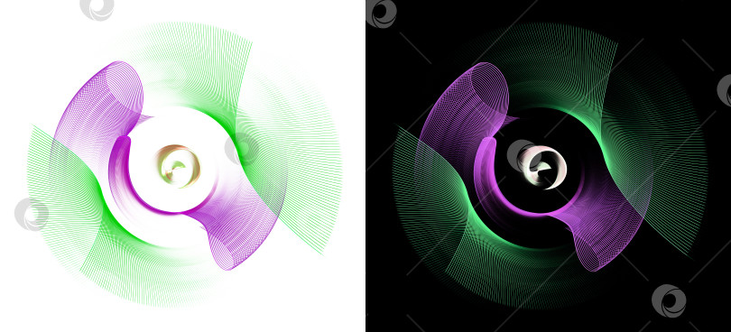 Скачать Зеленые и фиолетовые лезвия красиво изогнуты и вращаются. Набор идентичных элементов абстрактного фрактального графического дизайна на черном и белом фонах. 3d-рендеринг. 3d-иллюстрация. фотосток Ozero