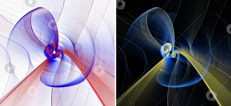 Скачать Набор из двух красочных абстрактных фрактальных фонов. Множество изящно изогнутых поверхностей, вращающиеся лезвия на белом и черном фоне. 3d рендеринг. 3d иллюстрация. фотосток Ozero
