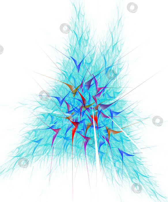 Скачать Пушистые бирюзовые треугольные формы накладываются друг на друга. Цветные лоскутки торчат из центра треугольников. Элемент графического дизайна, выделенный на белом фоне. 3d-рендеринг. 3d-иллюстрация. фотосток Ozero
