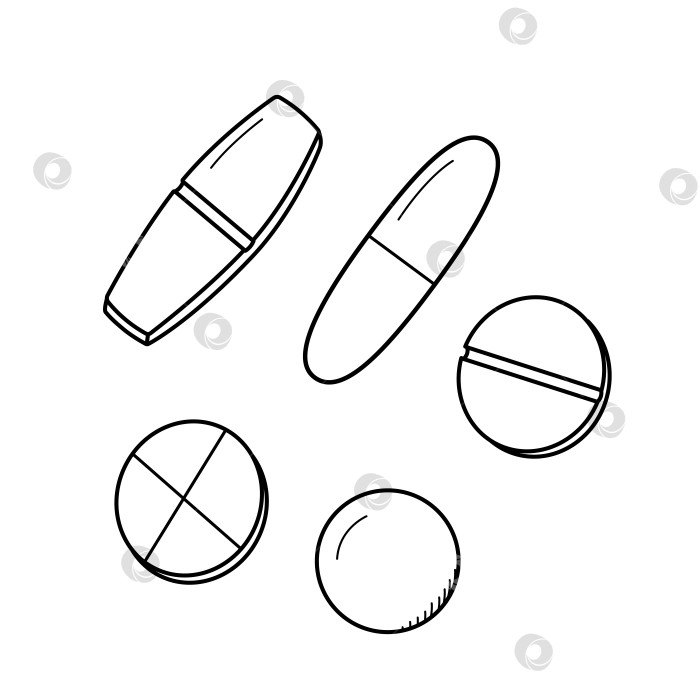 Скачать Значок в виде каракулей на таблетках и капсулах. Векторная иллюстрация, медицинские препараты. фотосток Ozero