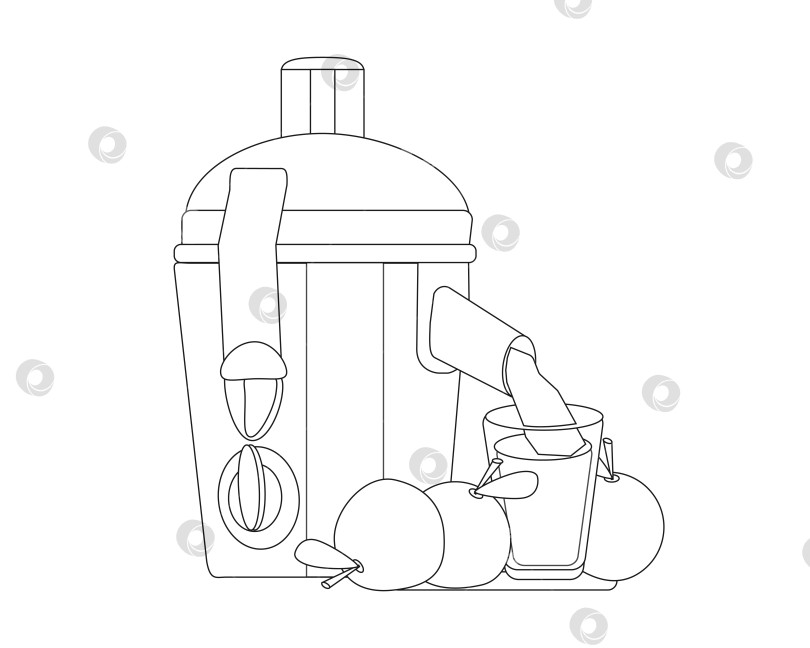 Скачать Электрическая соковыжималка со стаканом и фруктами - черный контур на белом фотосток Ozero