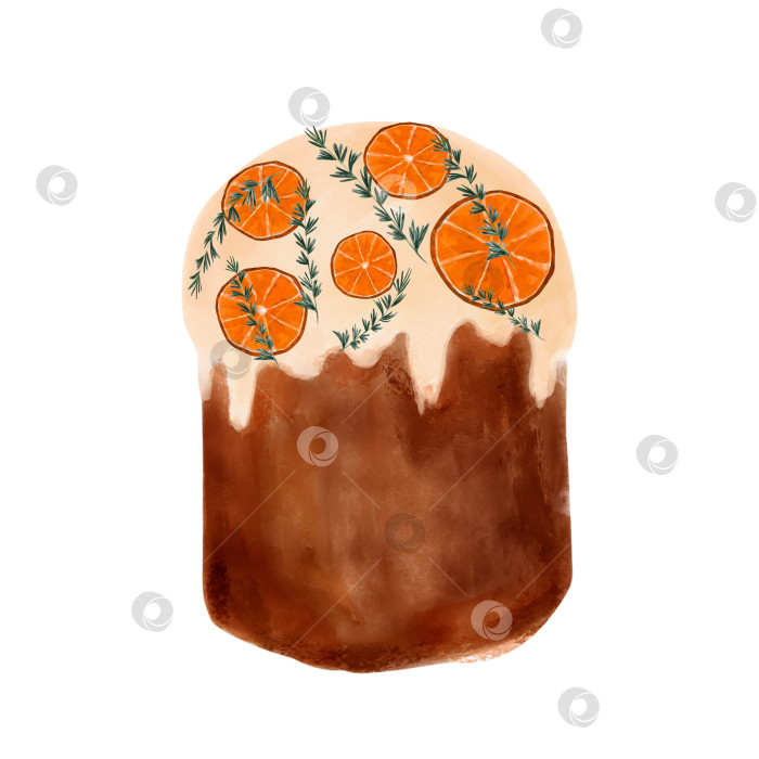 Скачать Пасхальный кулич, расписанный вручную акварелью, украшенный розмарином и дольками апельсина. Пасхальное украшение апельсинами, торт с глазурью фотосток Ozero