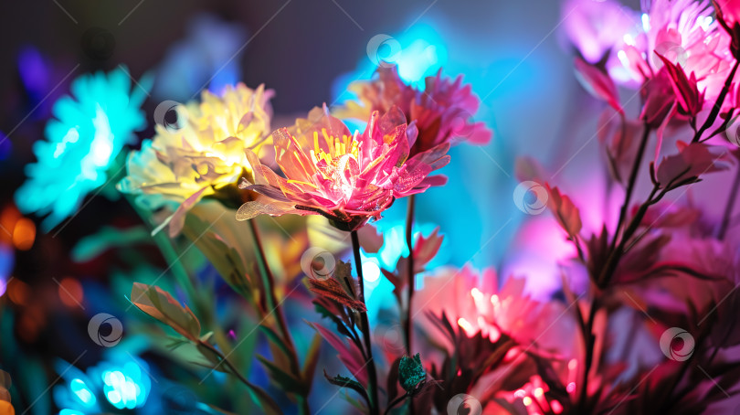 Скачать Букет цветов, подсвеченный светодиодными лампочками, сгенерированный искусственным интеллектом фотосток Ozero
