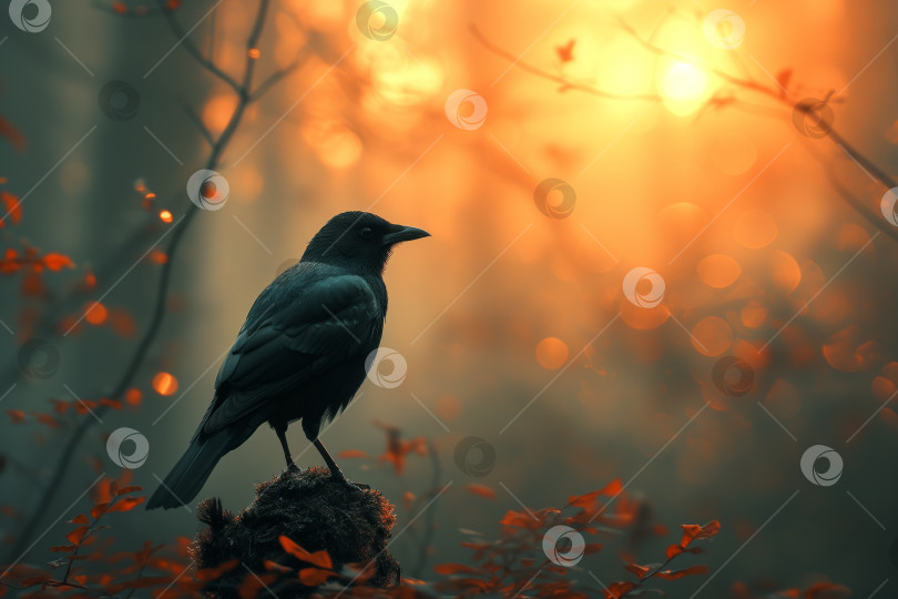 Скачать черная птица в рассветном лесу фотосток Ozero