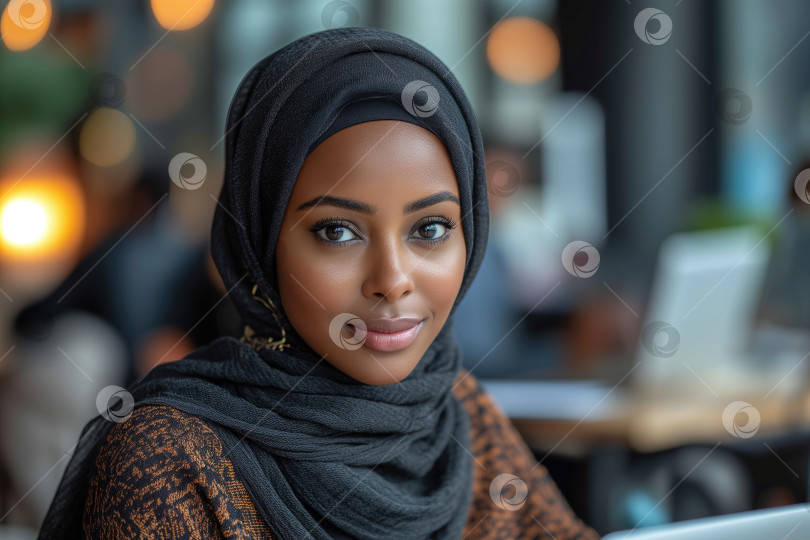 Скачать молодая женщина в хиджабе работает за компьютером в футуристическом офисе фотосток Ozero