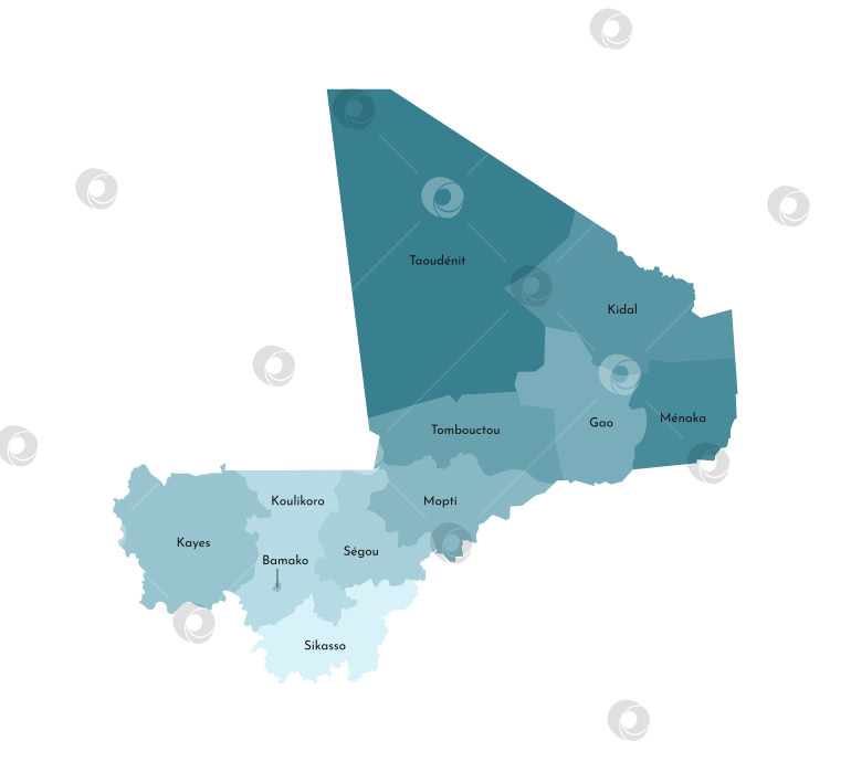 Скачать Векторная изолированная иллюстрация упрощенной административной карты Мали. Границы и названия регионов. Красочные силуэты синего цвета хаки фотосток Ozero