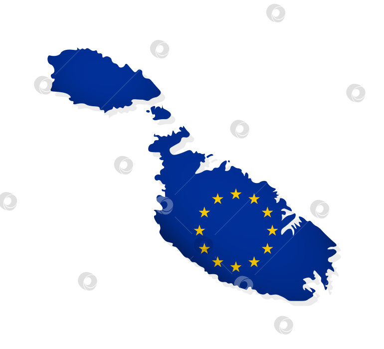 Скачать Векторная иллюстрация с изолированной картой члена Европейского союза Мальты. Мальтийская концепция, украшенная флагом ЕС с золотыми звездами на синем фоне фотосток Ozero