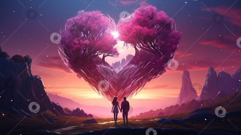 Скачать Открытка на День Святого Валентина с изображением влюбленной пары, смотрящей на красивый символ сердца на романтическом и волшебном сюрреалистическом пейзаже. фотосток Ozero