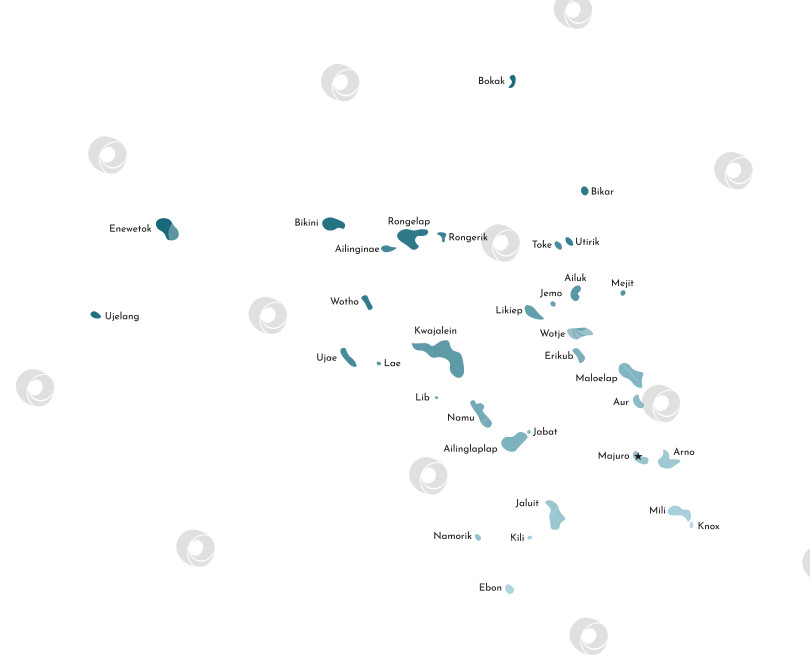 Скачать Векторная изолированная иллюстрация упрощенной карты Маршалловых островов с названиями островов и атоллов. Красочные силуэты синего цвета хаки фотосток Ozero