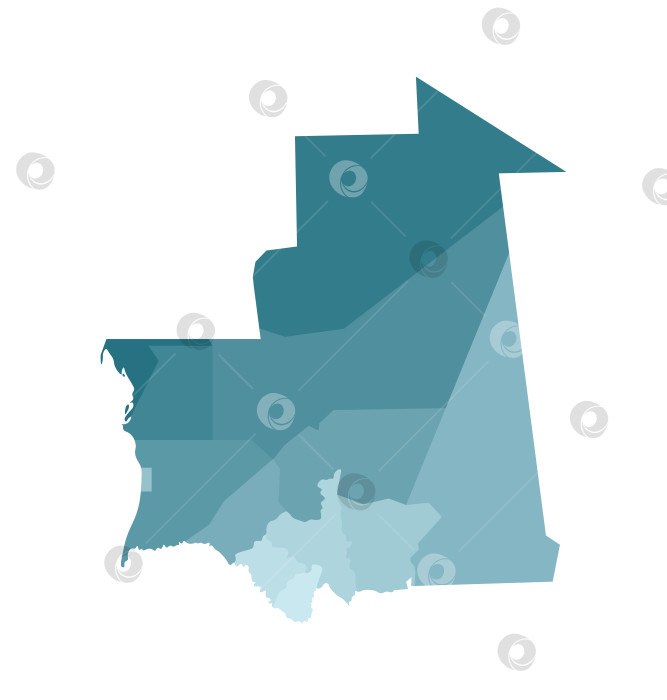 Скачать Векторная изолированная иллюстрация упрощенной административной карты Мавритании. Границы регионов. Красочные силуэты синего цвета хаки. фотосток Ozero