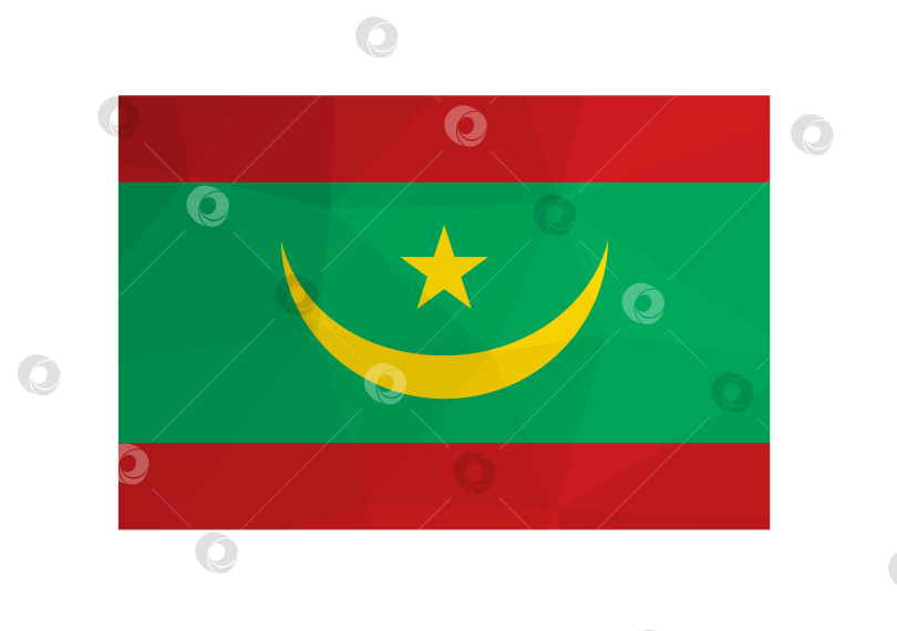 Скачать Векторная иллюстрация. Официальный флаг Мавритании. Национальный флаг с красными, зелеными полосами и желтыми полумесяцем, звездой. Креативный дизайн в стиле low poly с треугольными формами фотосток Ozero
