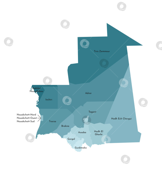 Скачать Векторная изолированная иллюстрация упрощенной административной карты Мавритании. Границы и названия регионов. Красочные силуэты синего цвета хаки фотосток Ozero